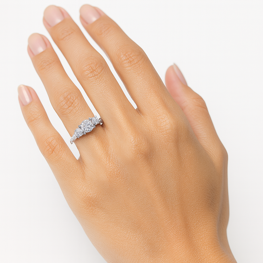 Anillo Tres Circonias y Micro Circonias Plata .925 con Baño de Rodio
