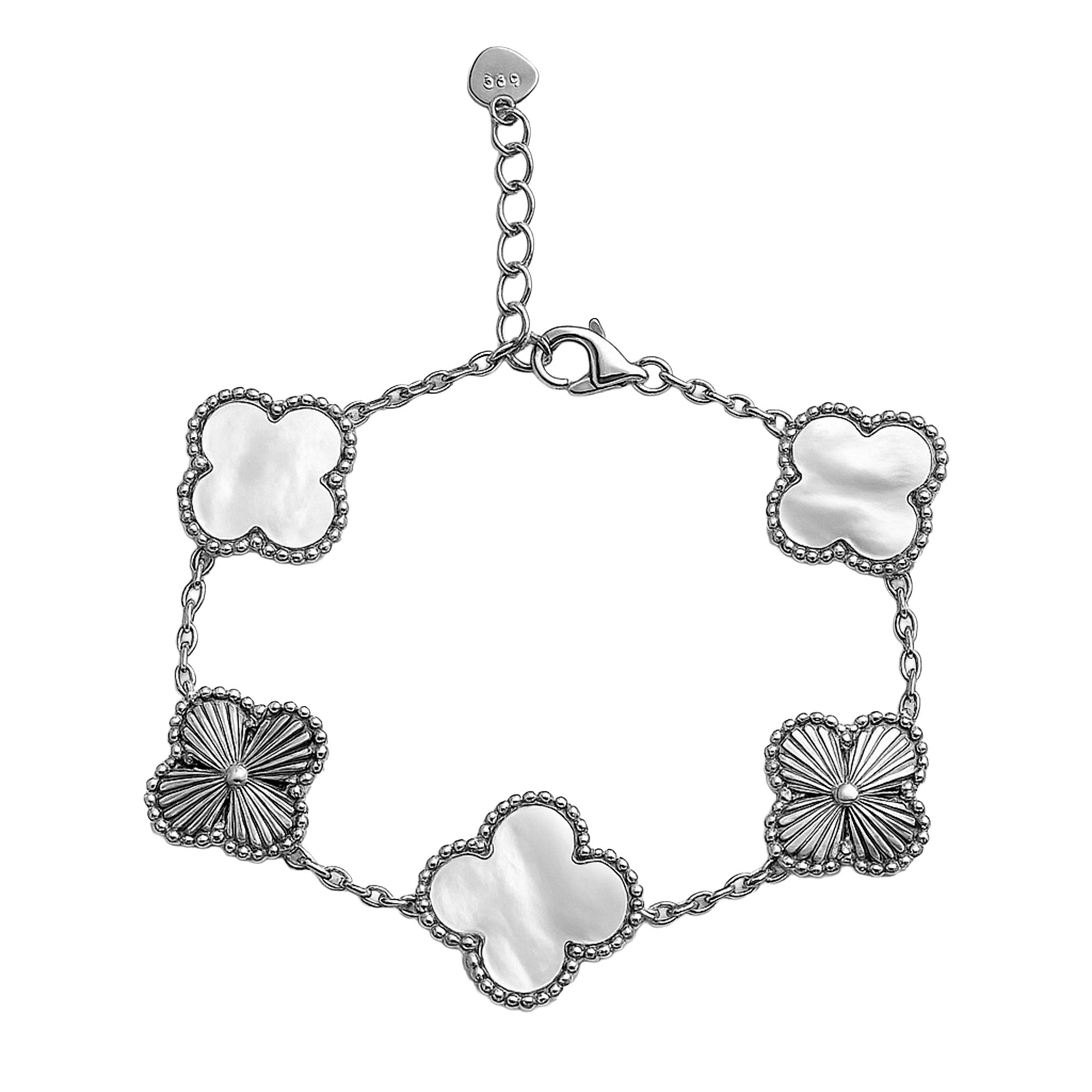 Pulsera 5 Flores Inspirada Van C 2 Estilos Diamantado y Piedra Natural Plata .925 con Baño de Rodio