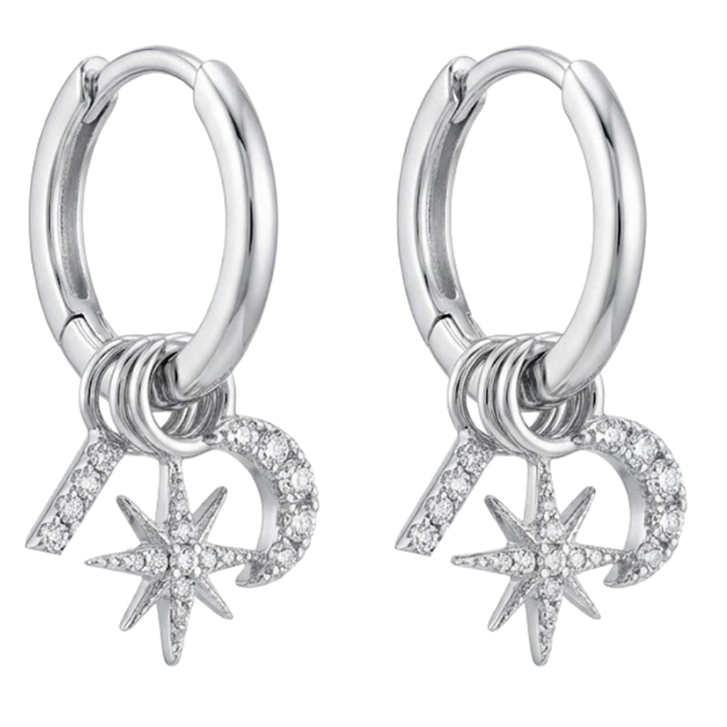 Arracada Huggies con Dijes Luna y Estrella con Micro Circonias Plata .925 con Baño de Rodio