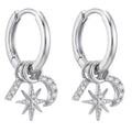 Arracada Huggies con Dijes Luna y Estrella con Micro Circonias Plata .925 con Baño de Rodio