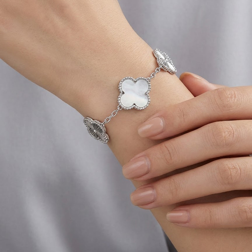 Pulsera 5 Flores Inspirada Van C 2 Estilos Diamantado y Piedra Natural Plata .925 con Baño de Rodio
