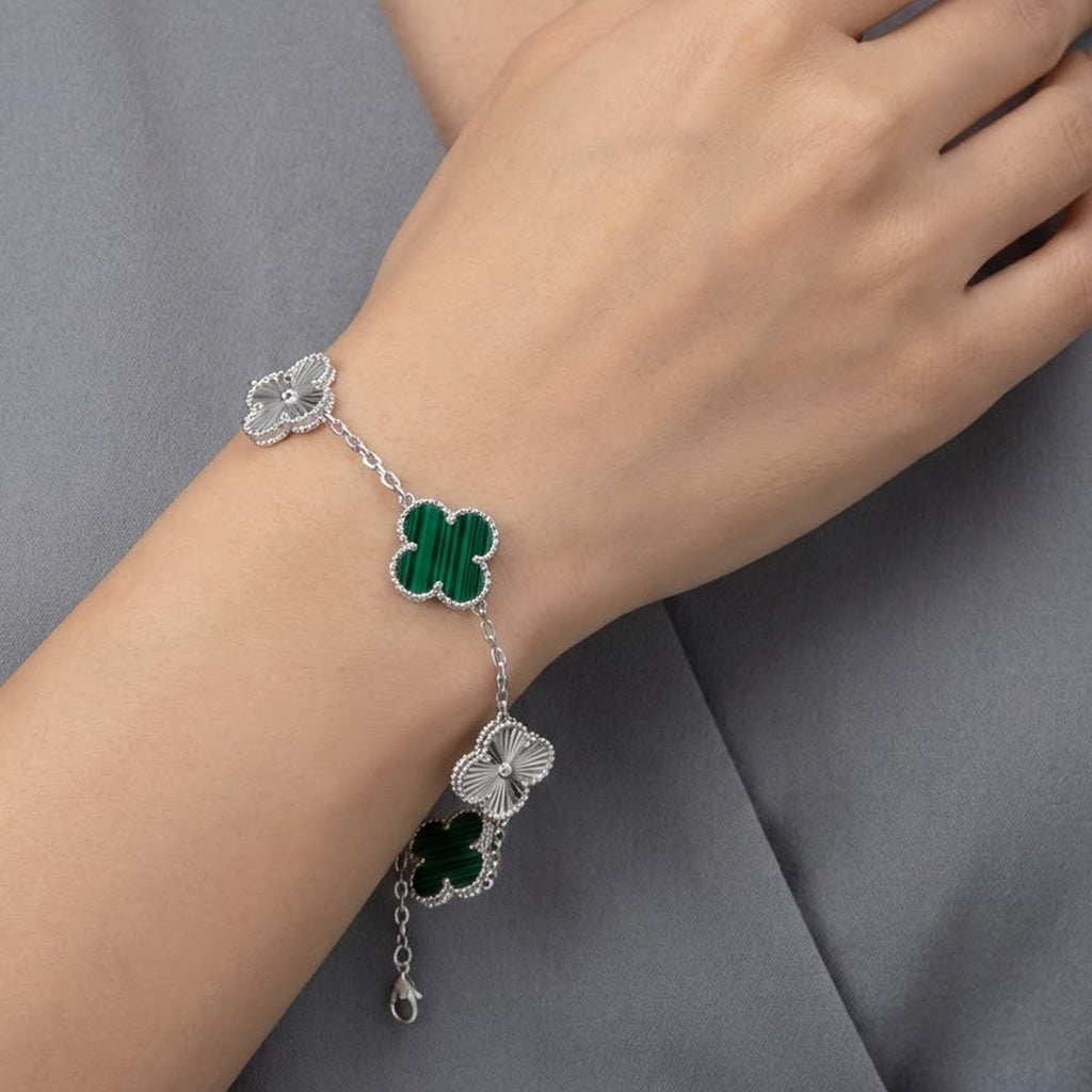Pulsera 5 Flores Inspirada Van C 2 Estilos Diamantado y Piedra Natural Plata .925 con Baño de Rodio
