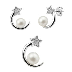 Juego Perla Natural Luna y Estrella con Micro Circonias Plata .925