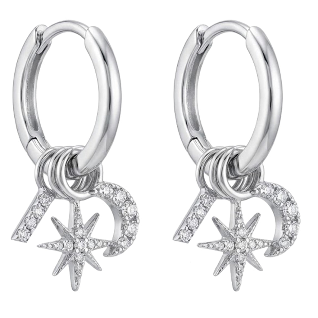 Huggies con Dijes Luna y Estrella con micro circonias Plata .925 con Rodio