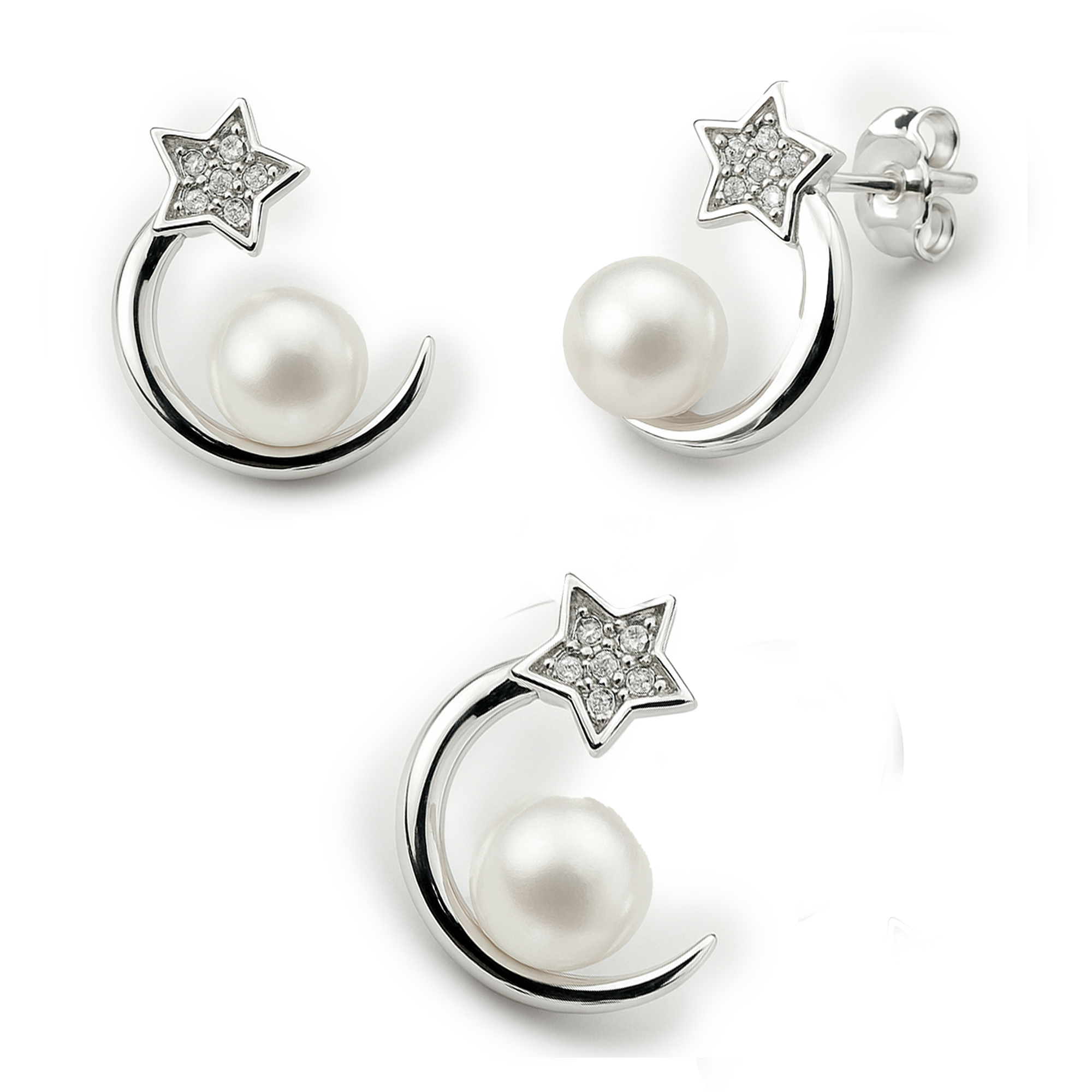 Juego Perla Natural Luna y Estrella con Micro Circonias Plata .925