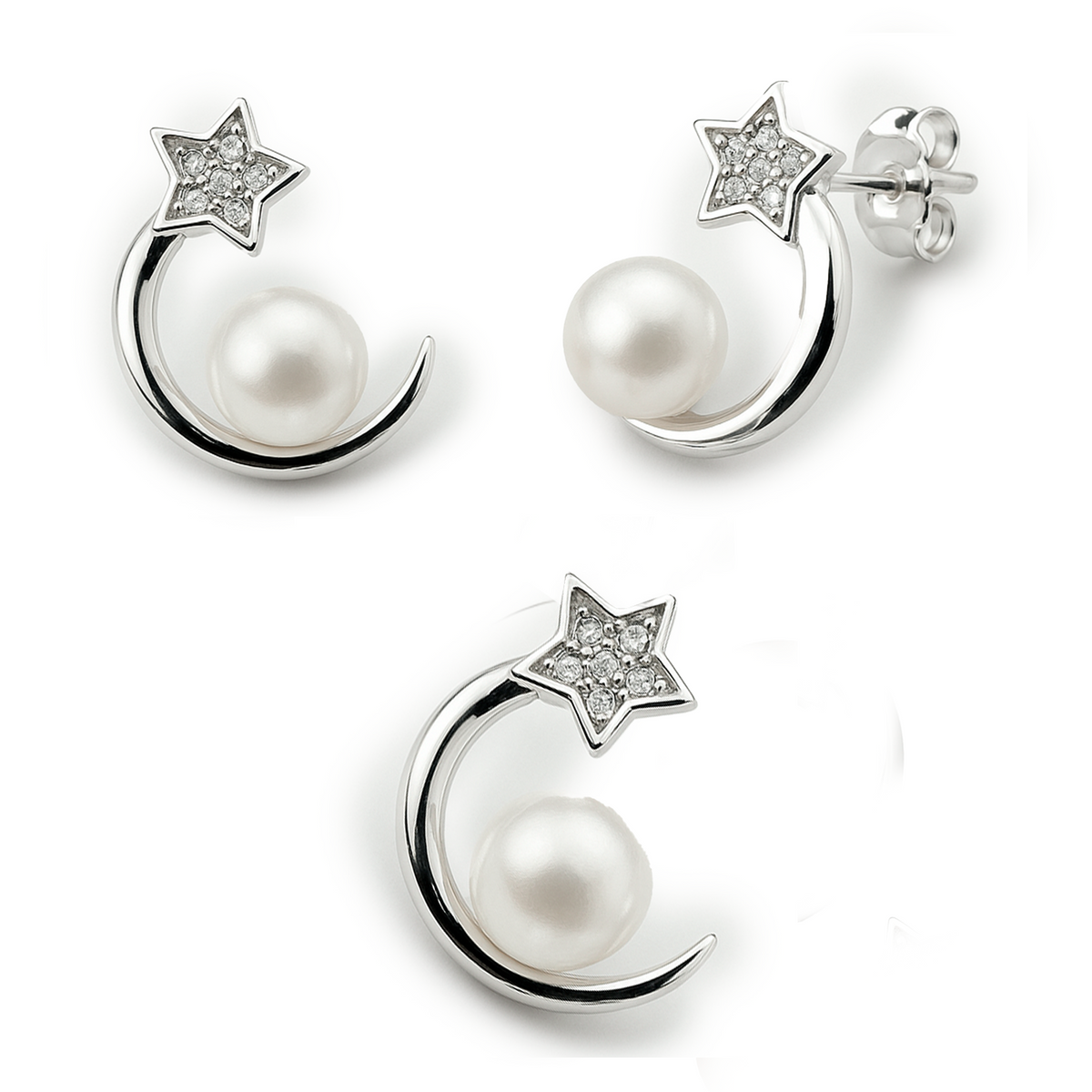 Juego Perla Natural Luna y Estrella con Micro Circonias Plata .925