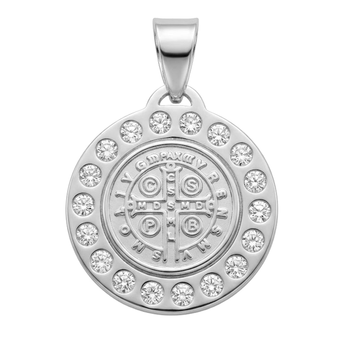 Dije Medalla de San Benito con Circonias de 2.2cm Plata .925