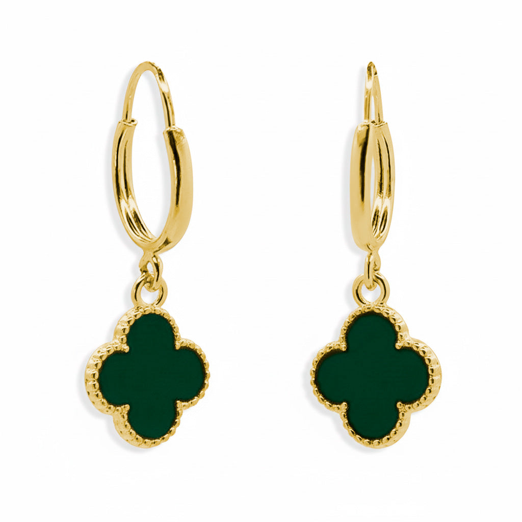 Arracada Flor Inspirada Van C Esmaltado Verde Oro 10K
