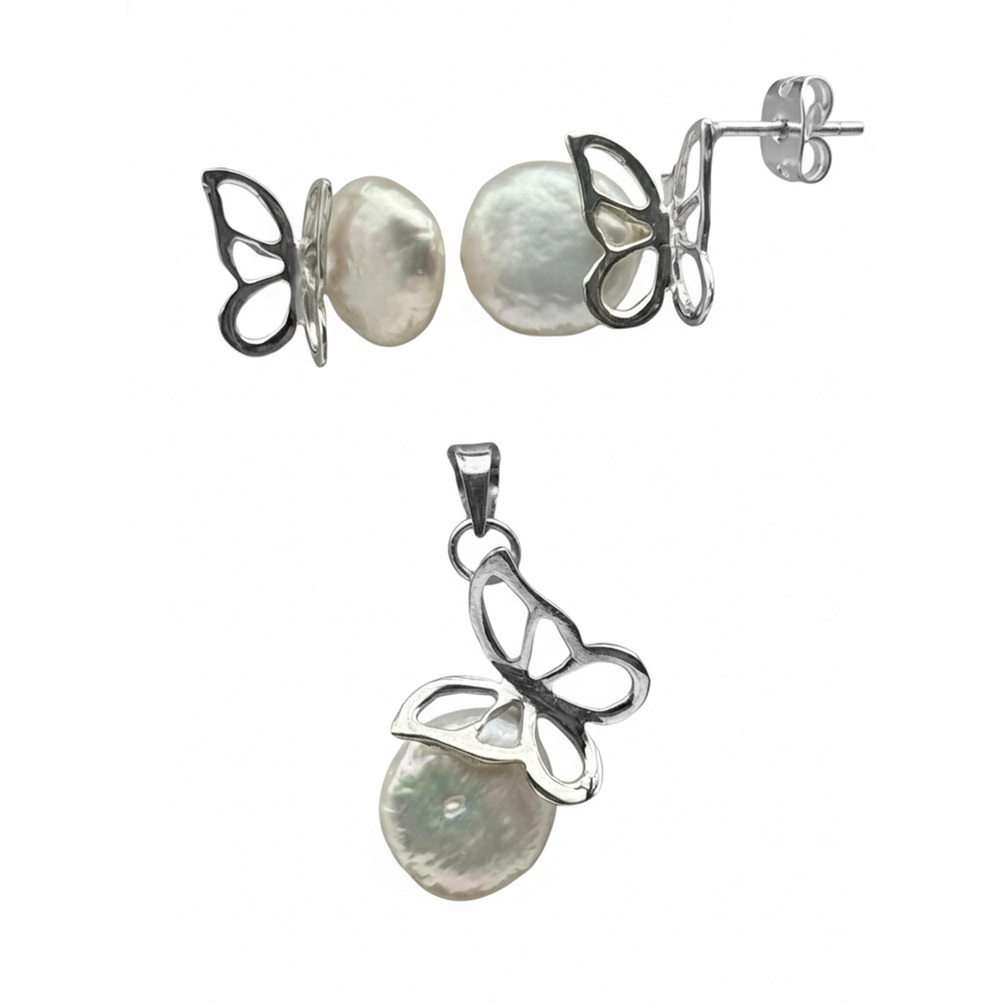 Juego Perla Natural con Mariposa Calada Plata .925