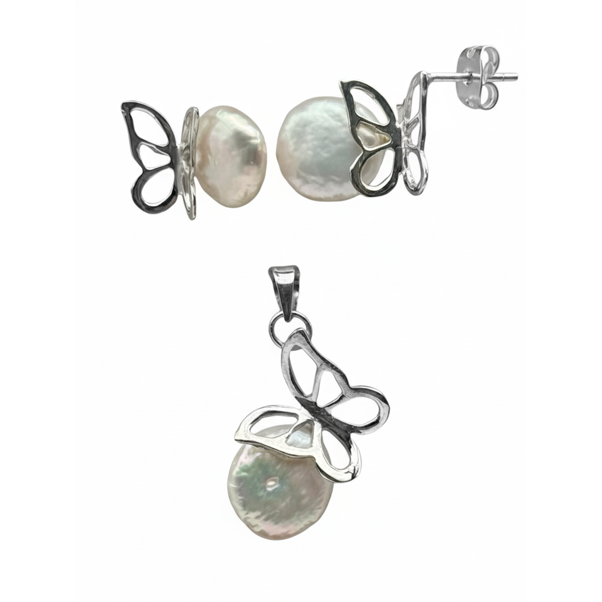 Juego Perla Natural con Mariposa Calada Plata .925