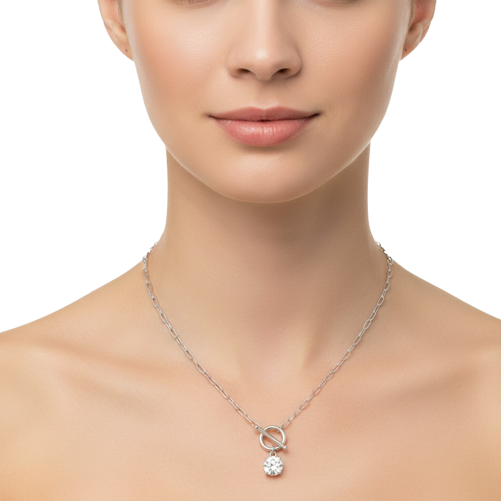 Collar Circonia de .6mm con Broche T y Cadena Paper Clip Plata .925 con Rodio