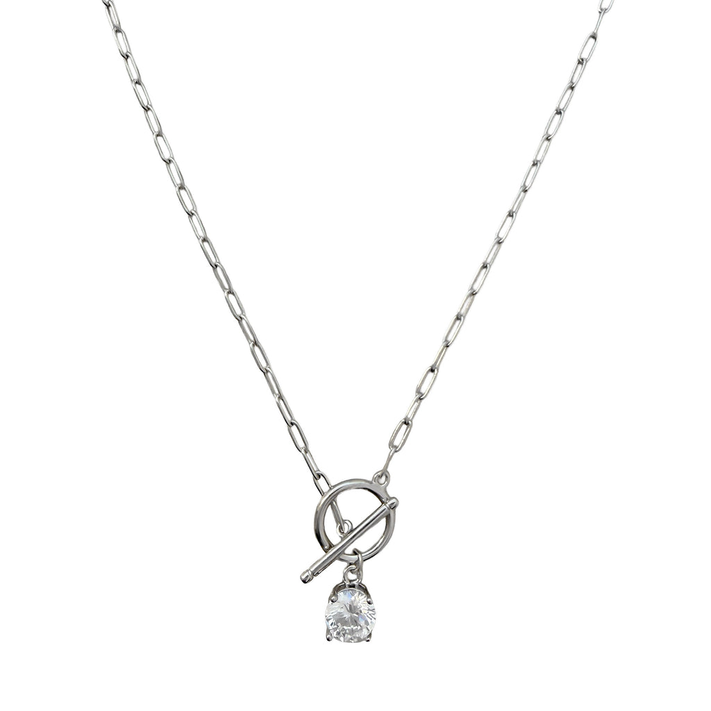 Collar Circonia de .6mm con Broche T y Cadena Paper Clip Plata .925 con Baño de Rodio
