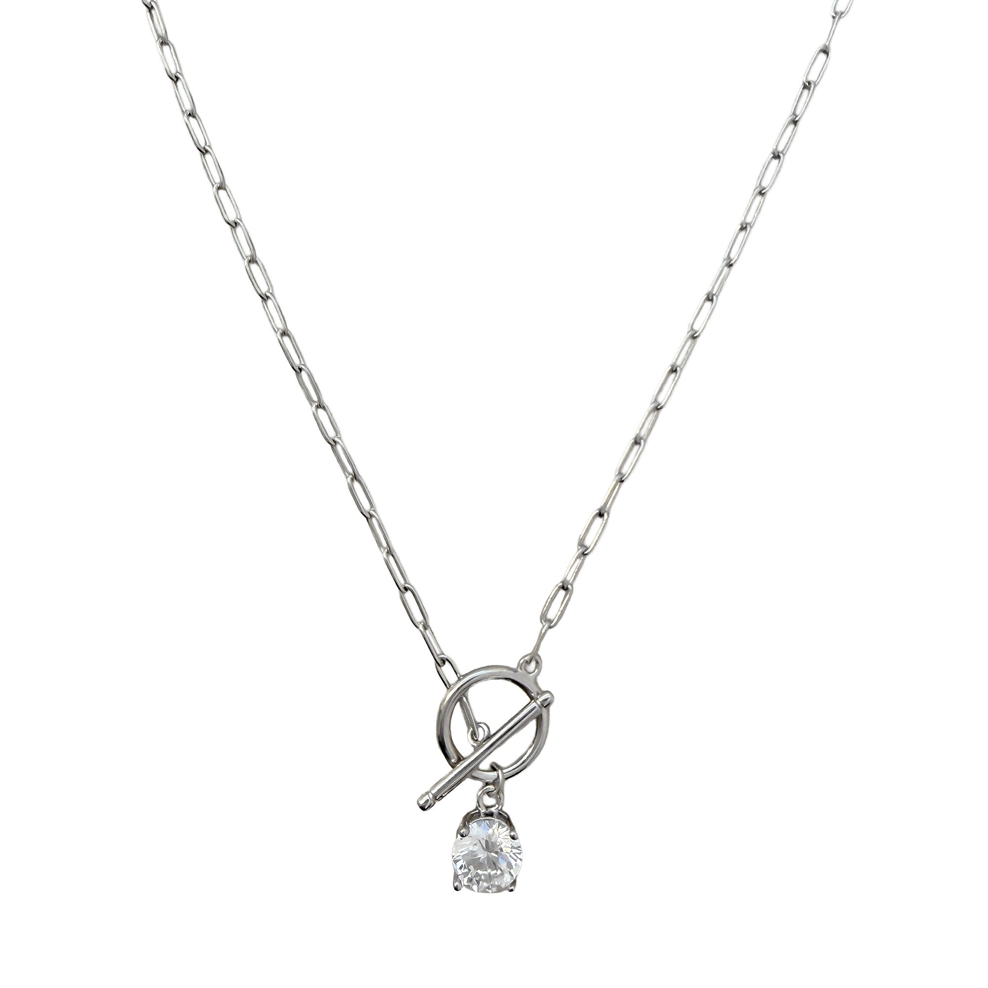 Collar Circonia de .6mm con Broche T y Cadena Paper Clip Plata .925 con Baño de Rodio