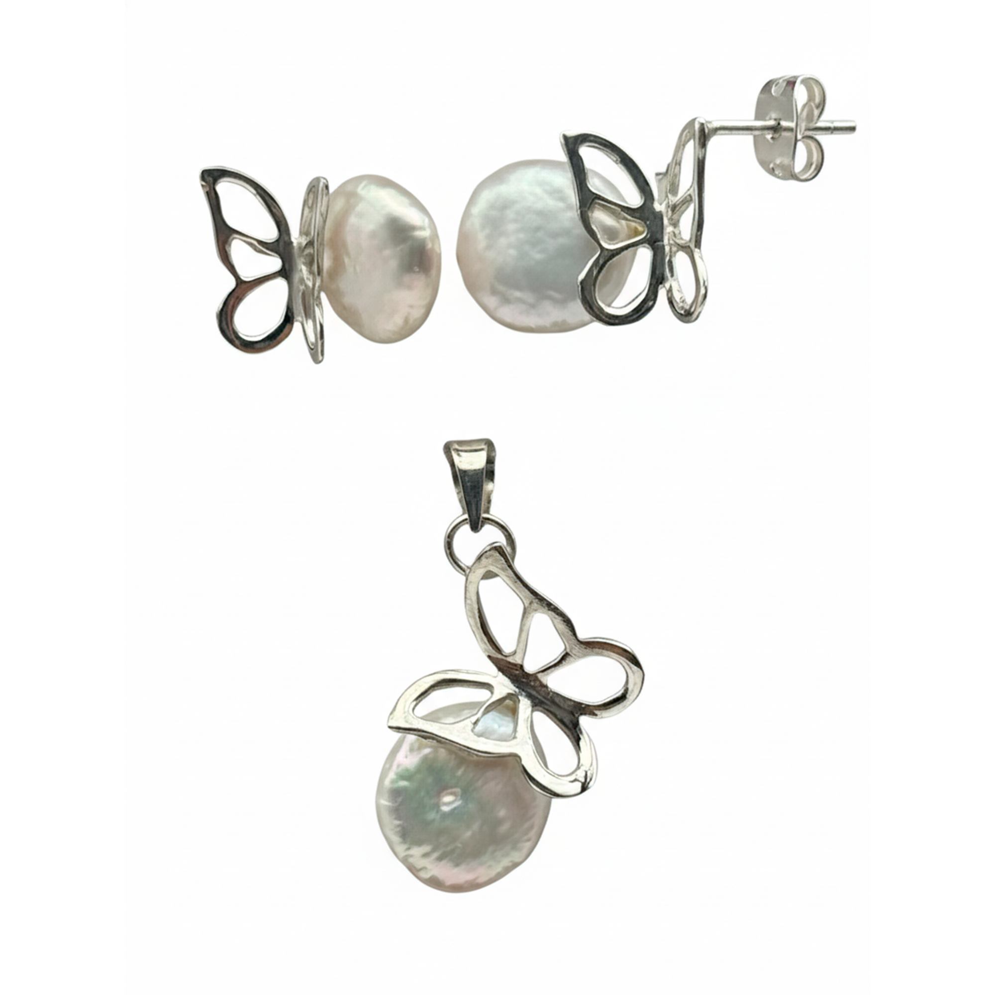 Juego Perla Natural con Mariposa Calada Plata .925