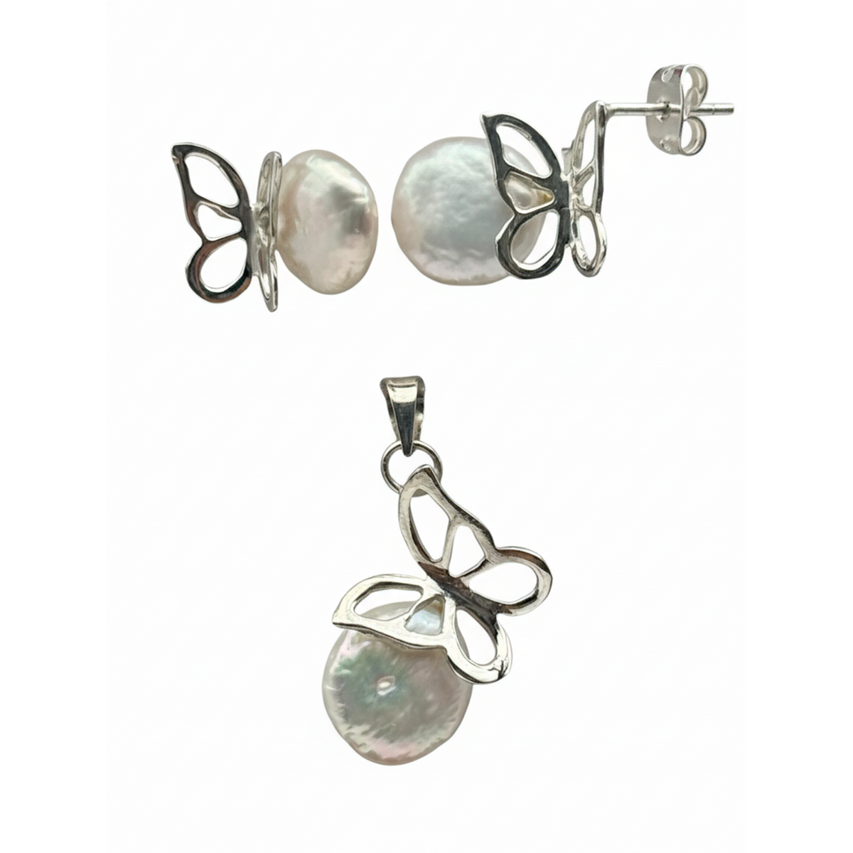 Juego Perla Natural con Mariposa Calada Plata .925