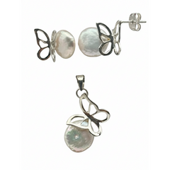 Juego Perla Natural con Mariposa Calada Plata .925