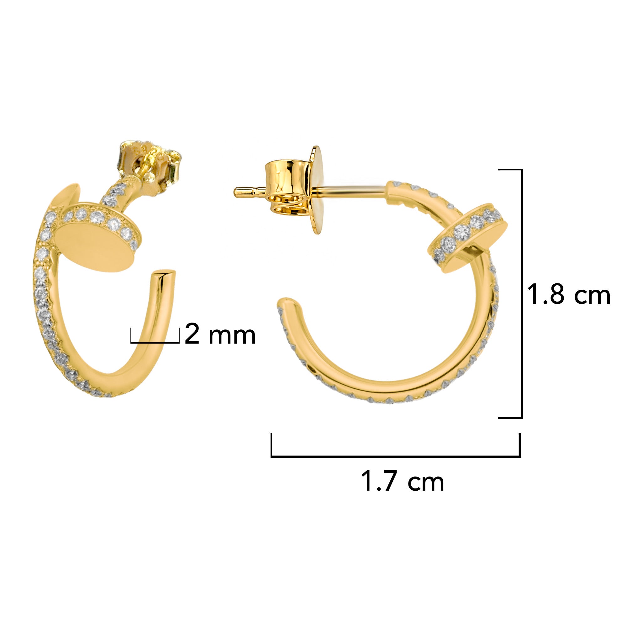Arracada Inspirada Cartier 1:1 Clavo Delgado con Circonias, Plata .925 con Baño de Oro 18k