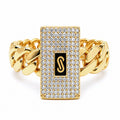 Anillo Mónaco Chain Original Cadena Cubana con Rectángulo Circonias, Oro 14K