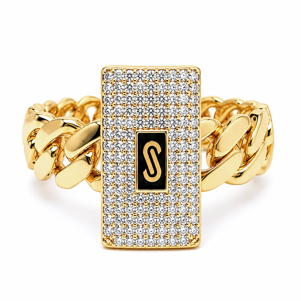 Anillo Mónaco Chain Original Cadena Cubana con Rectángulo Circonias, Oro 14K
