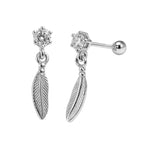 Arete Broquel Pluma Colgante con Circonia Plata .925. Bolita atrás