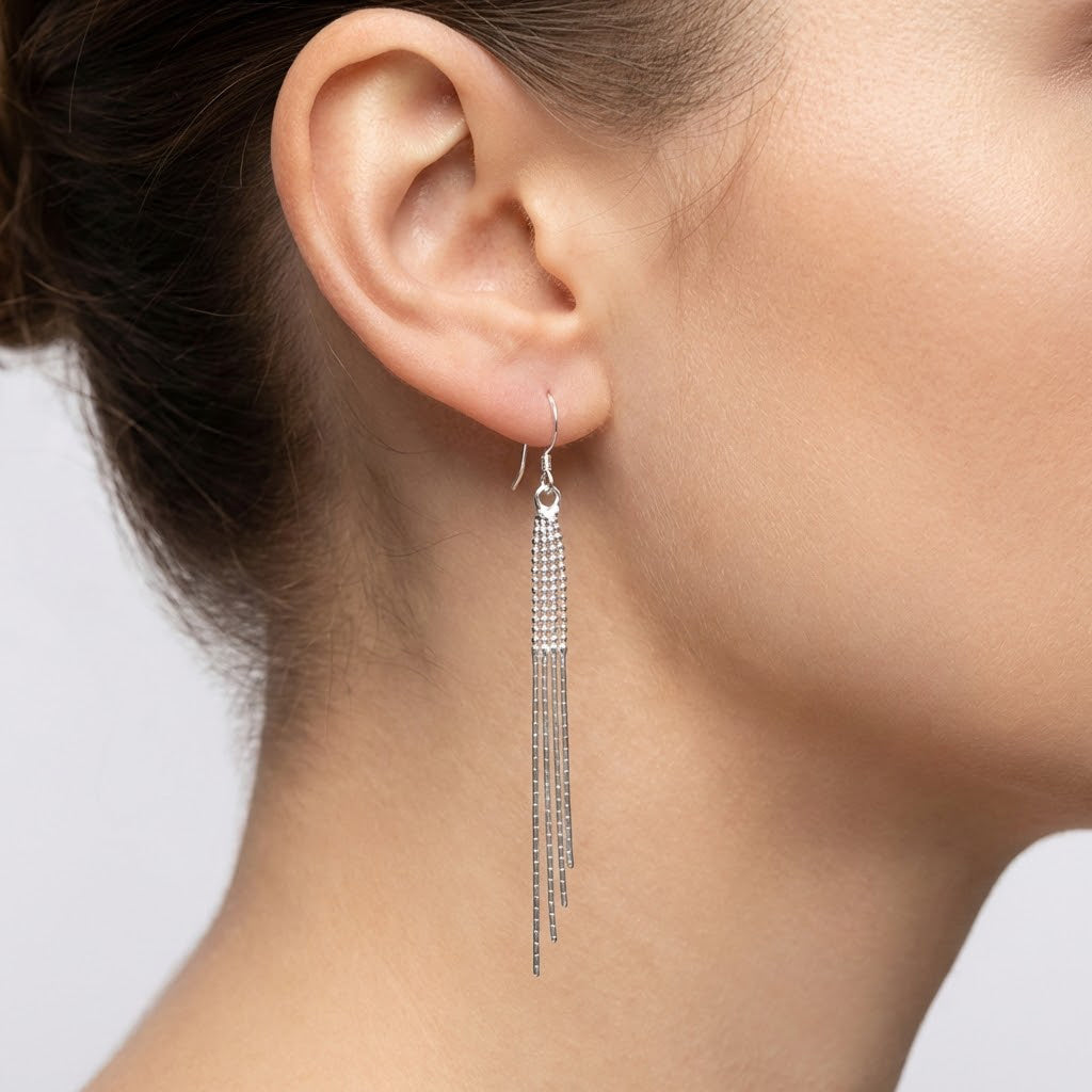 Arete Largo Cadena de Bolitas y Cola de Rata Hecho a Mano Plata .925