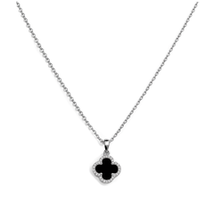 Collar Flor Inspirado Van C con Micro Circonias Onix Plata .925 con Rodio