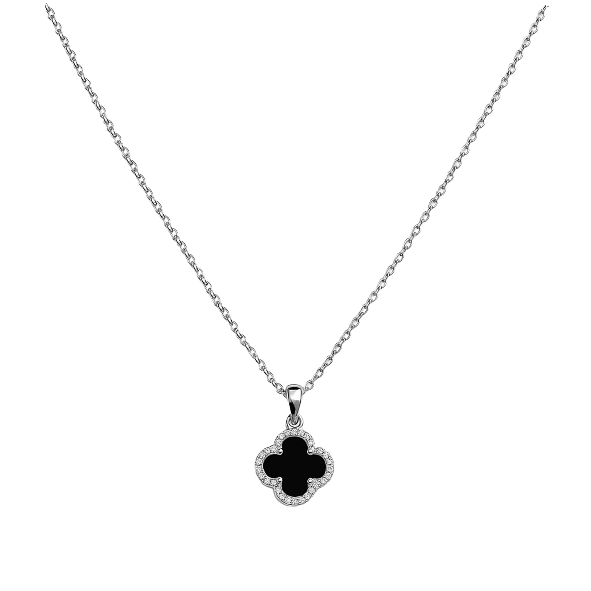 Collar Flor Inspirado Van C con Micro Circonias Onix Plata .925 con Baño de Rodio