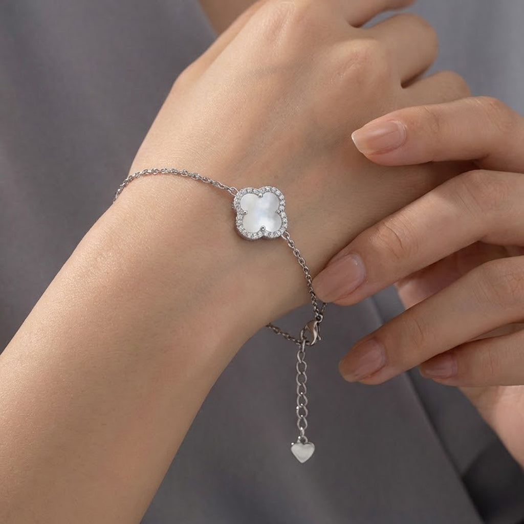 Pulsera Flor Inspirada Van C con Micro Circonias y Piedras Naturales Plata .925 con Baño de Rodio