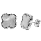 Arete Broquel Arete Flor Mediano Inspirado Van C 9mm Madre Perla Plata .925 con Baño de Rodio