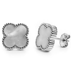 Broquel Flor Mediano Inspirado Van C Madre Perla Plata .925 con Rodio