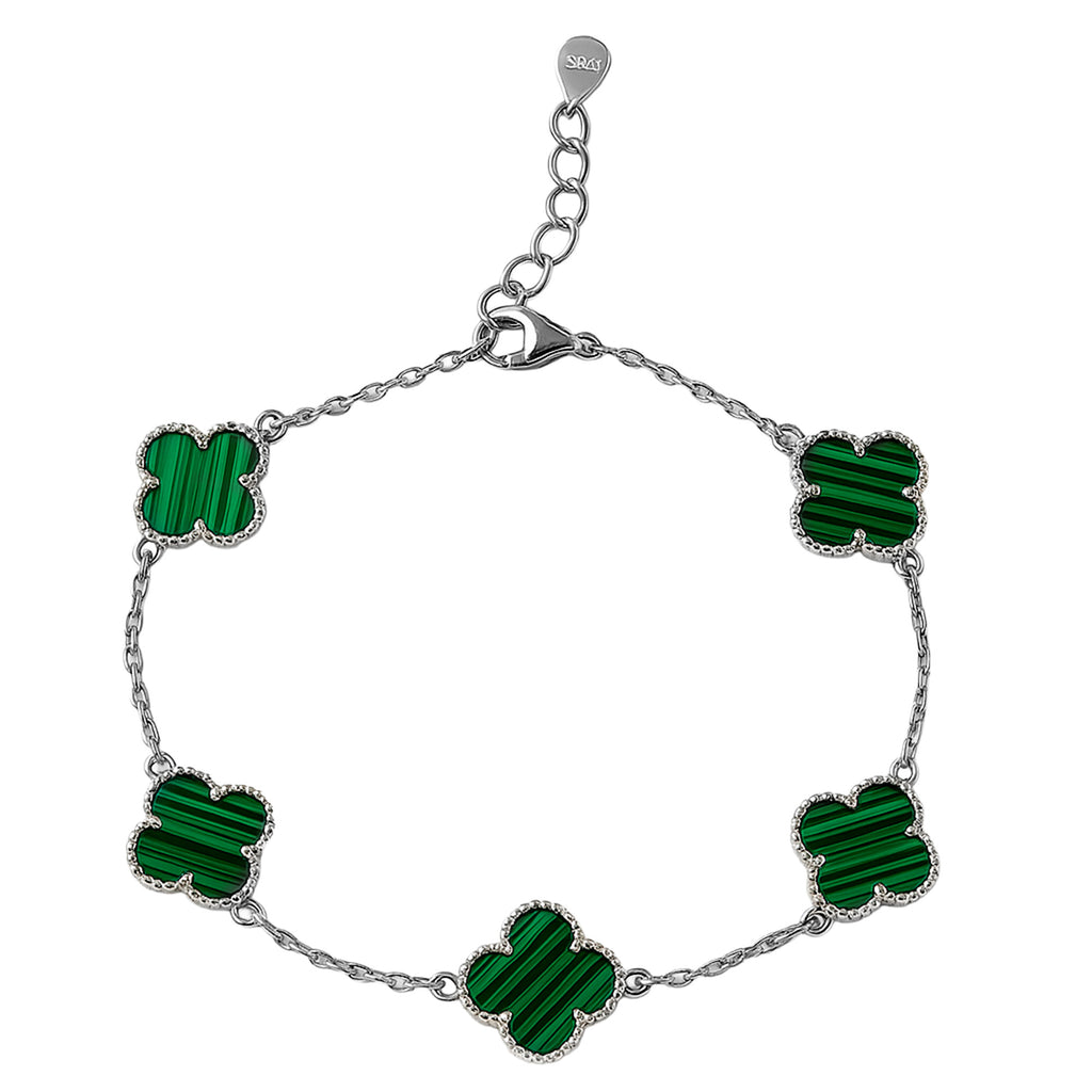 Pulsera Flor Inspirada Van C Malaquita Plata .925 con Baño de Rodio