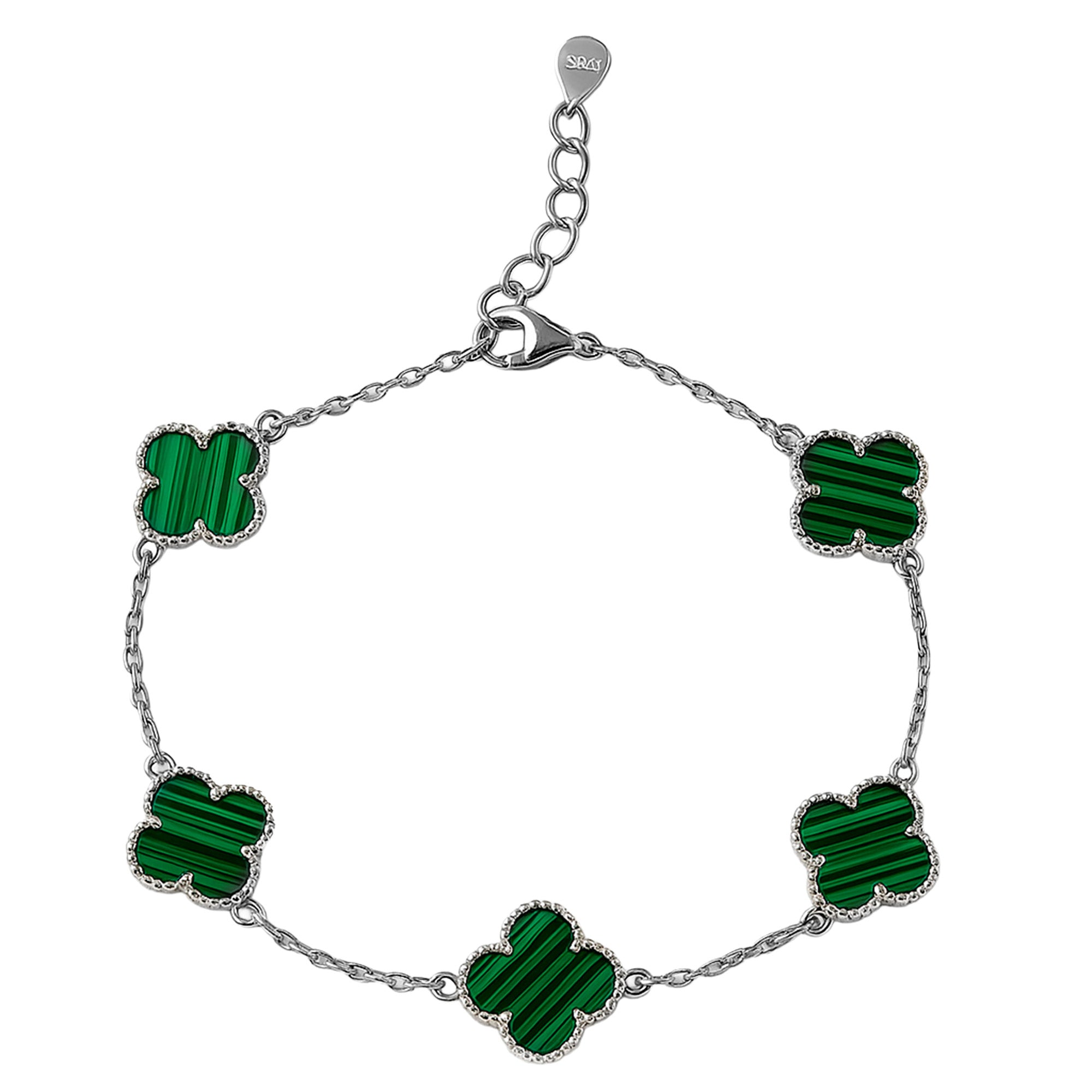 Pulsera Flor Inspirada Van C Malaquita Plata .925 con Baño de Rodio