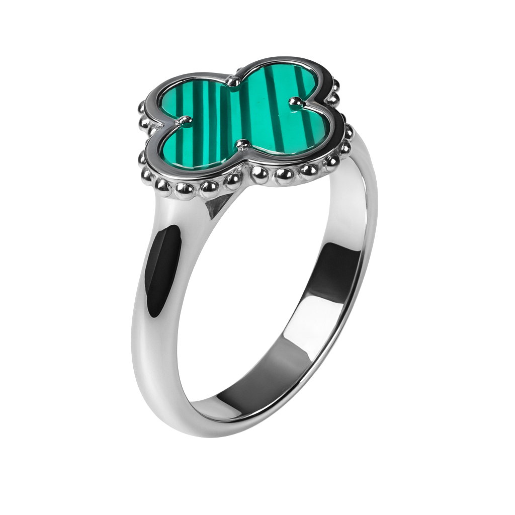 Anillo Flor Inspirado Van C Plata con Malaquita Verde.925 con Baño de Rodio