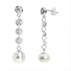 Arete Largo con Perla Natural y Circonias Plata .925