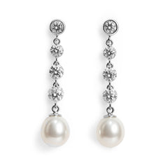Arete Largo con Perla Natural y Circonias Plata .925