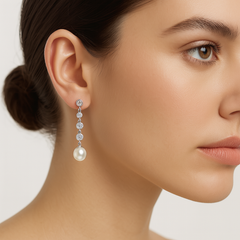 Arete Largo con Perla Natural y Circonias Plata .925