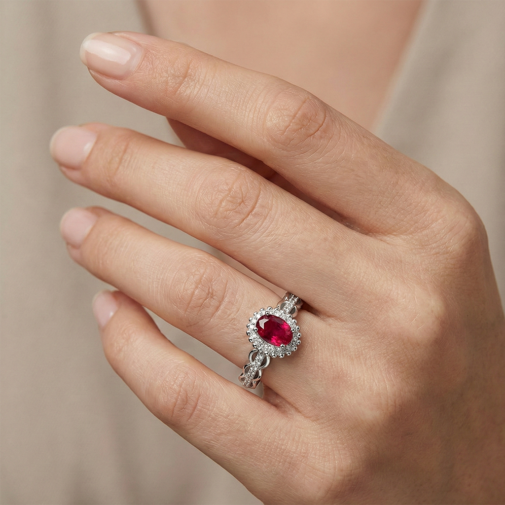 Anillo Circonia Ovalada con Micro Circonias Plata .925 con Baño de Rodio