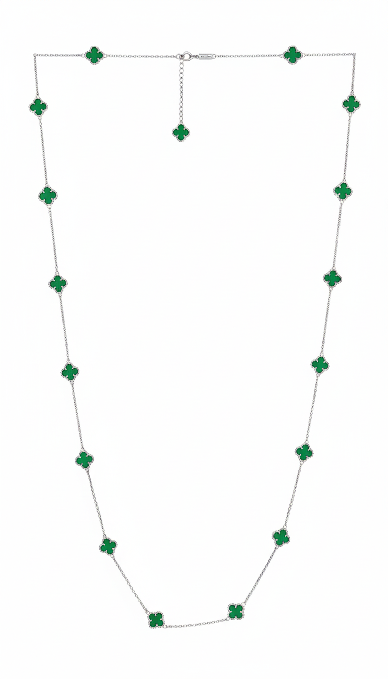 Collar Flores Inspirado Van C Largo Piedras Naturales Plata .925 con Rodio