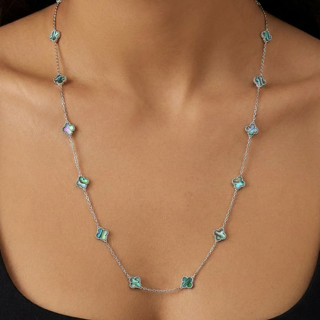 Collar Flores Inspirado Van C Largo Piedras Naturales Plata .925 con Baño de Rodio