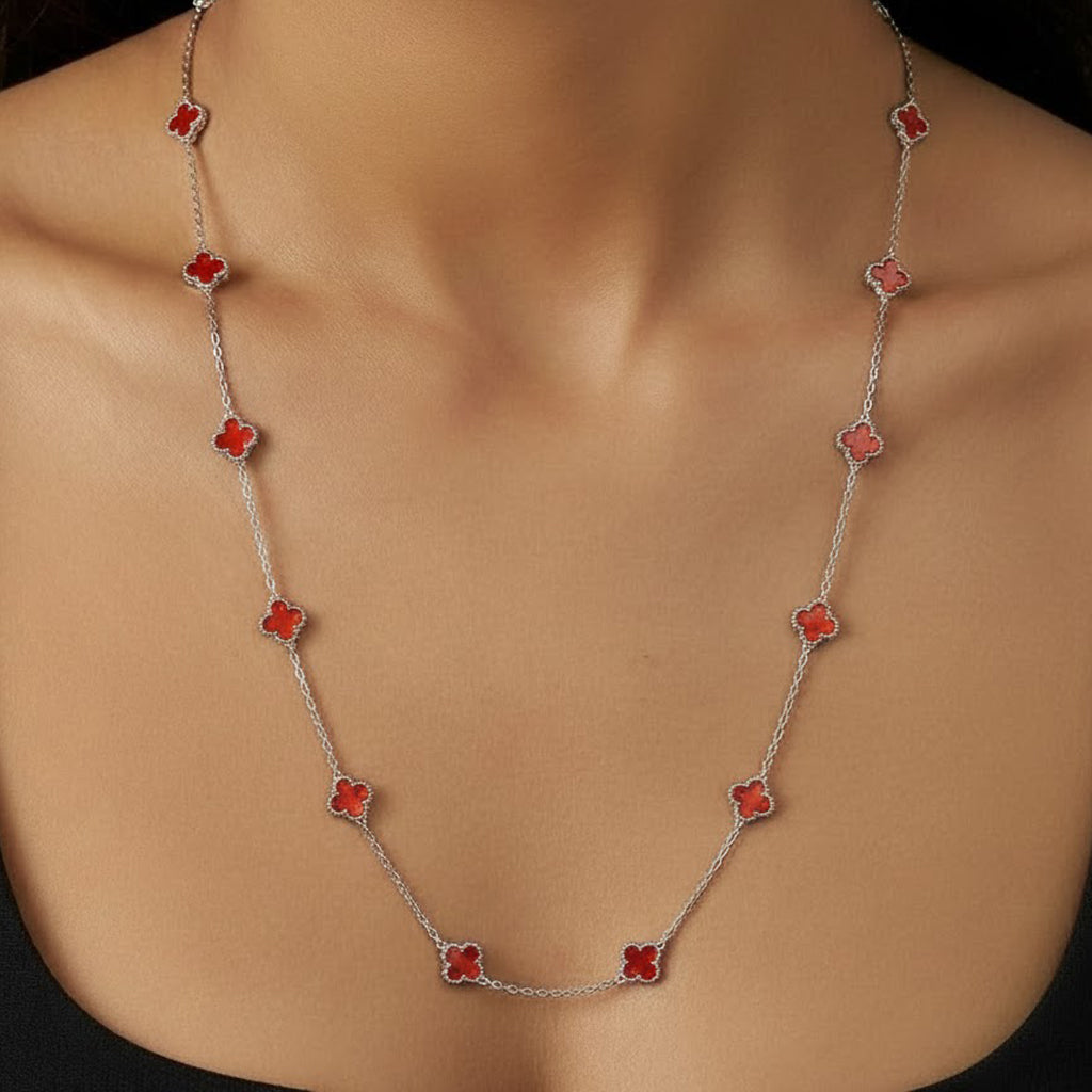 Collar Flores Inspirado Van C Largo Piedras Naturales Plata .925 con Baño de Rodio