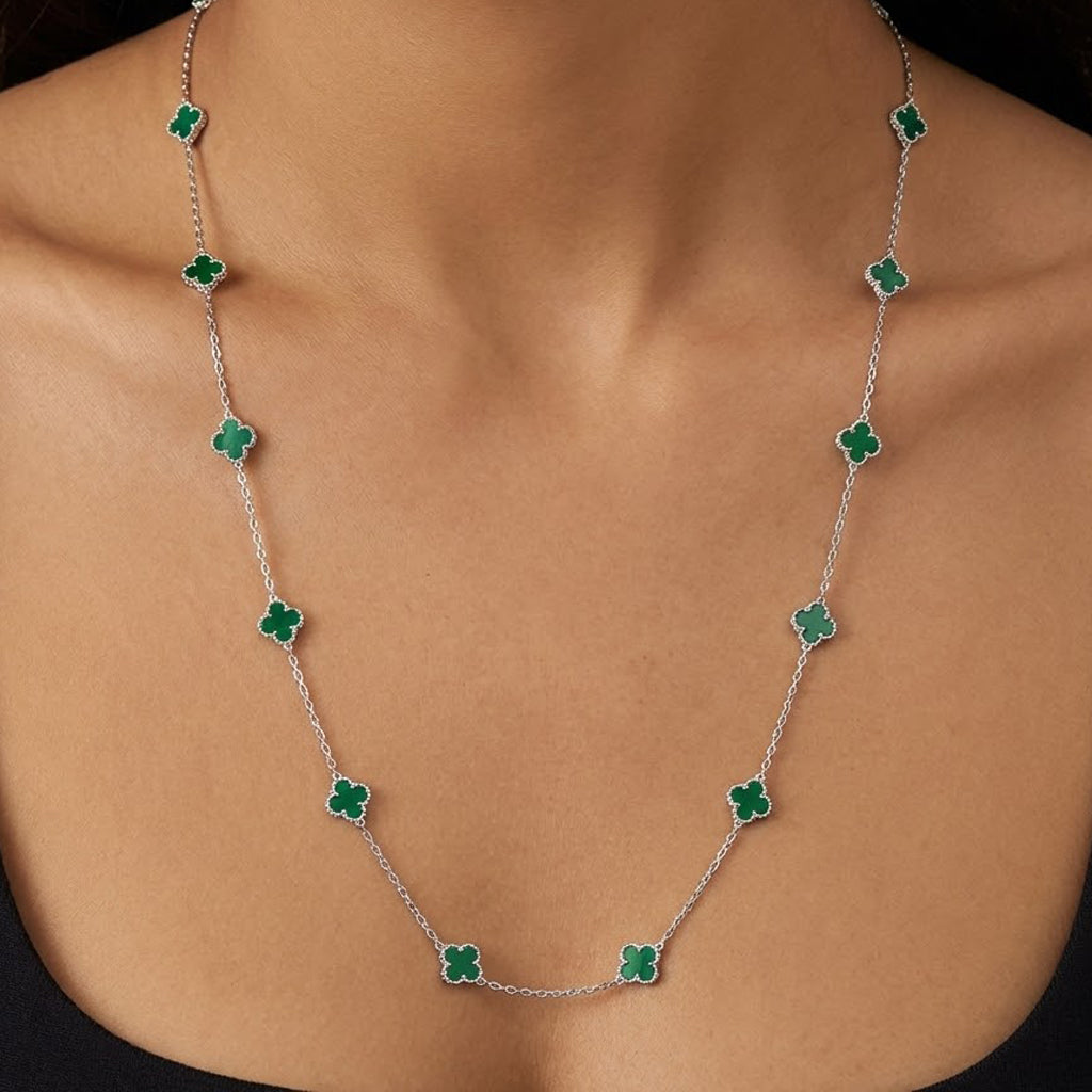 Collar Flores Inspirado Van C Largo Piedras Naturales Plata .925 con Baño de Rodio
