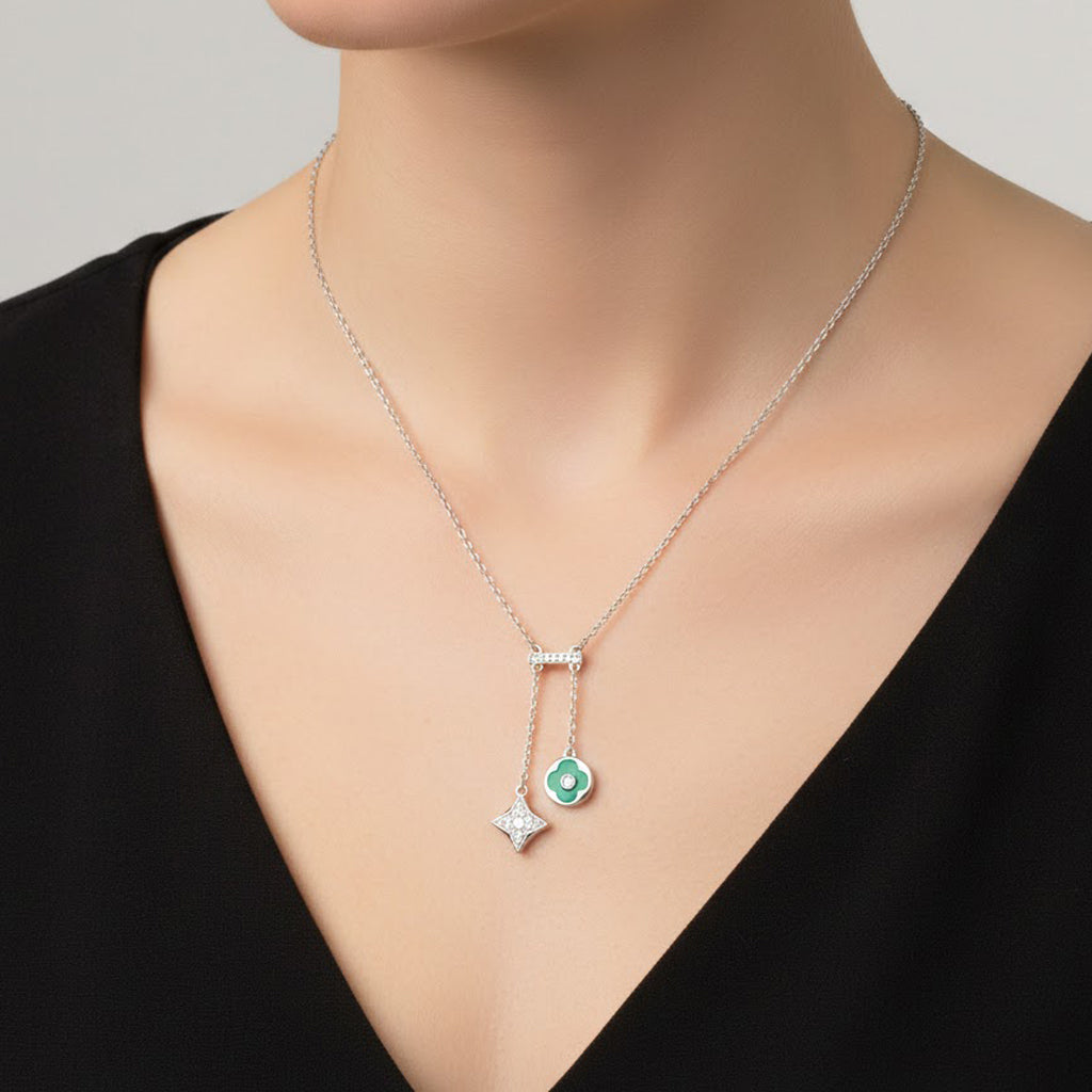 Collar Corbatero Inspirado LV Piedras Natulares con Circonias Plata .925 con Baño de Rodio