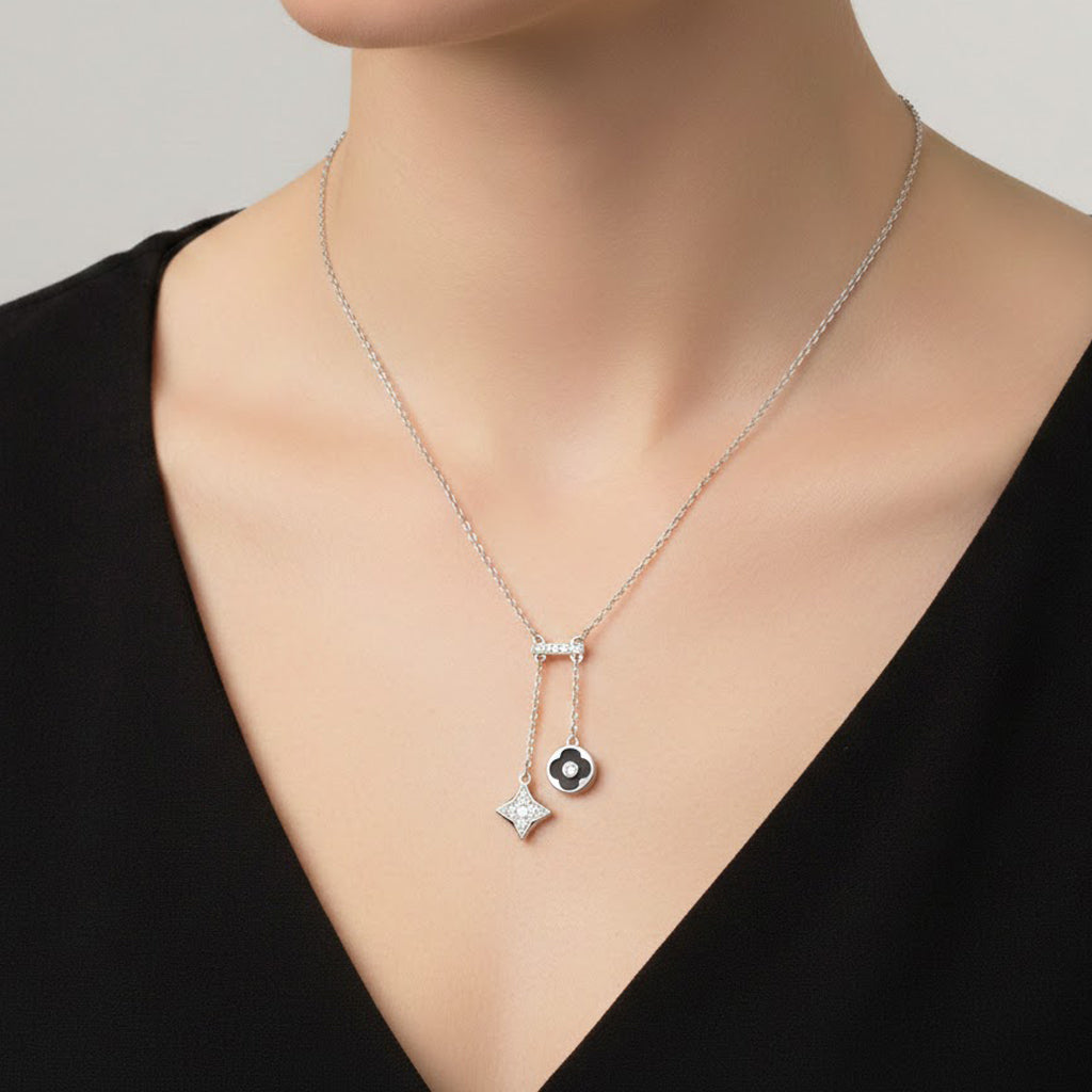 Collar Corbatero Inspirado LV Piedras Natulares con Circonias Plata .925 con Baño de Rodio