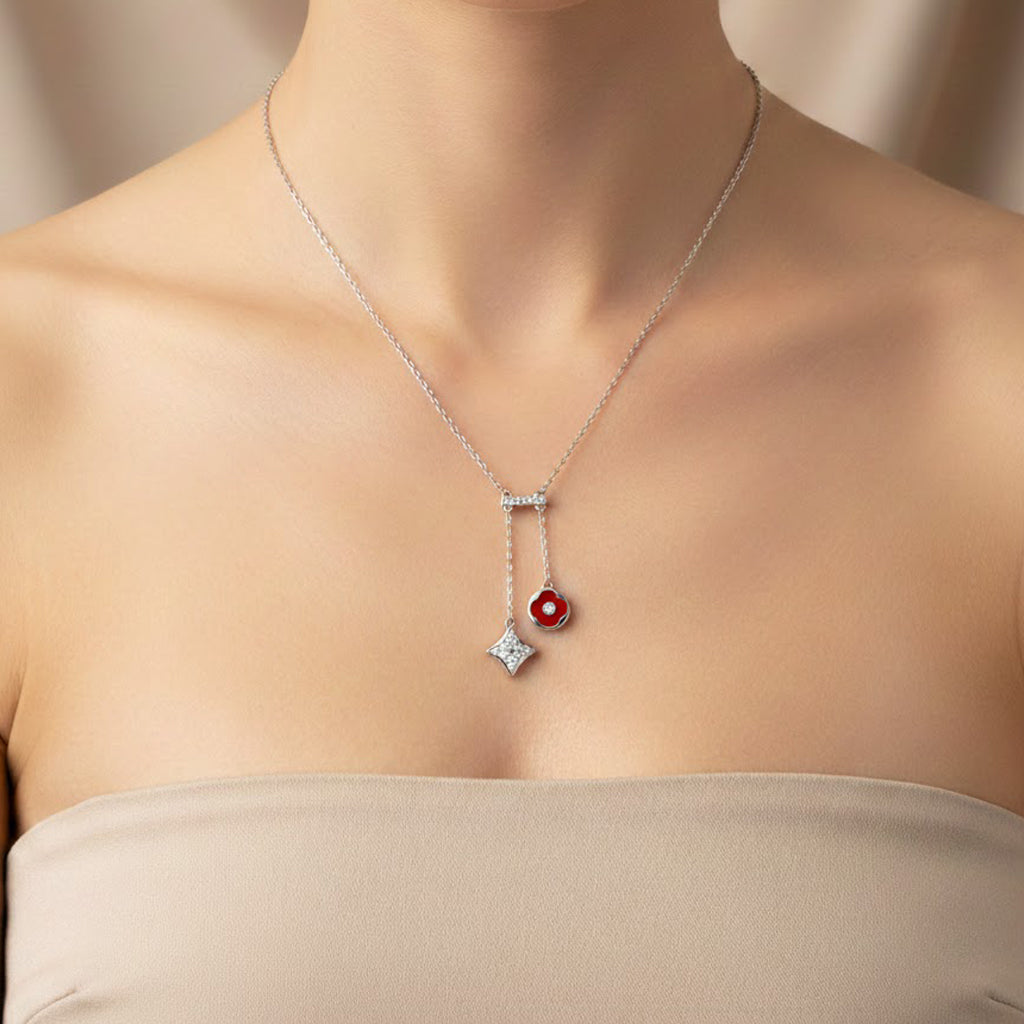 Collar Corbatero Inspirado LV Piedras Natulares con Circonias Plata .925 con Baño de Rodio