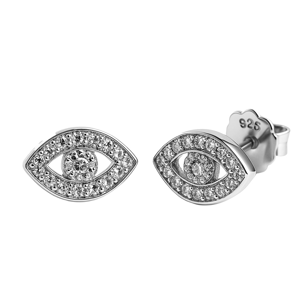 Arete Broquel Ojo Turco con Micro Circonias Plata .925 con Baño de Rodio