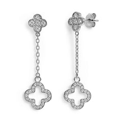 Arete Flor Largo Inspirado Van C con Micro Circonias Plata .925 con Rodio