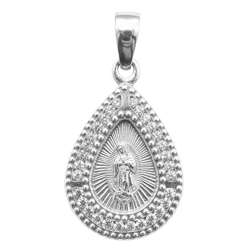 Dije Medalla en Forma de Gota de la Virgen de Guadalupe Con Circonias Plata.925