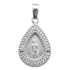 Dije Medalla en Forma de Gota de la Virgen de Guadalupe Con Circonias Plata.925