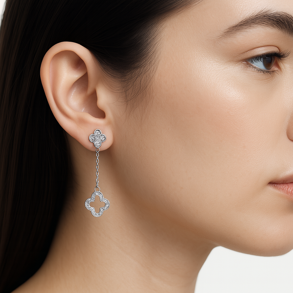Arete Flor Largo Inspirado Van C con Micro Circonias Plata .925 con Baño de Rodio