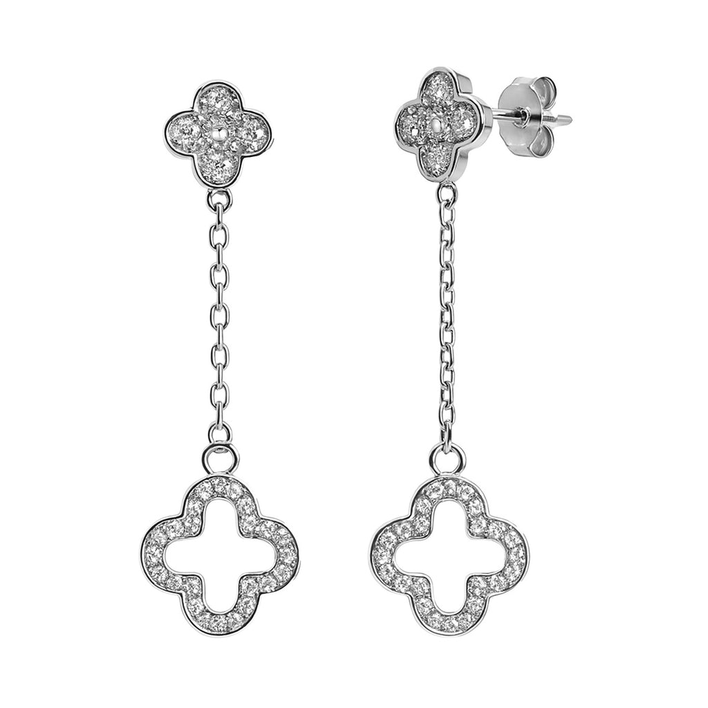 Arete Flor Largo Inspirado Van C con Micro Circonias Plata .925 con Baño de Rodio